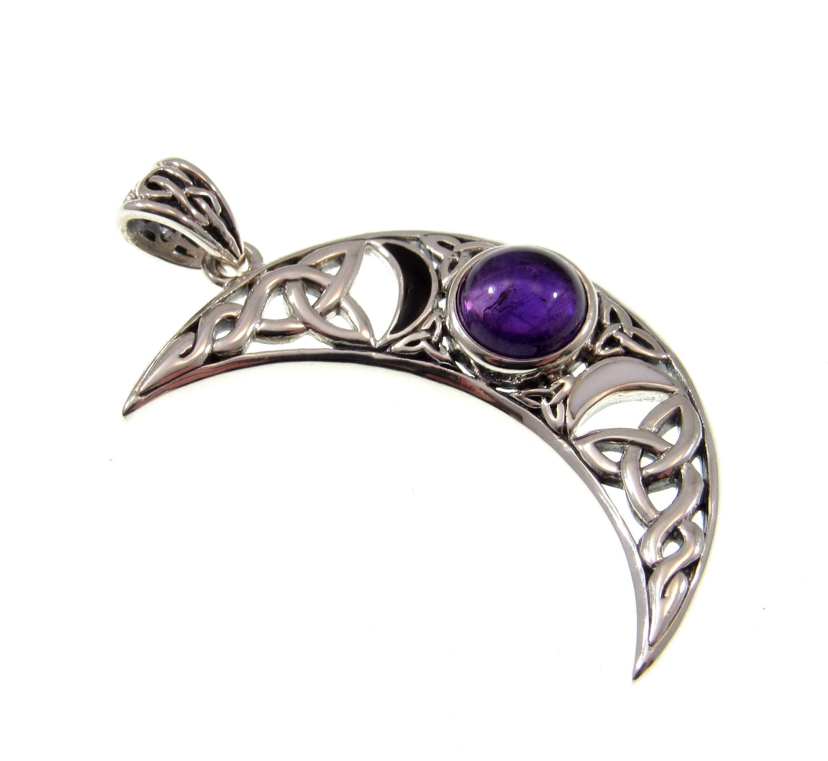 Solid 925 Sterling Silver Celtic Blue Moon Crescent Pendant – Triple Moon Goddess with Gemstone