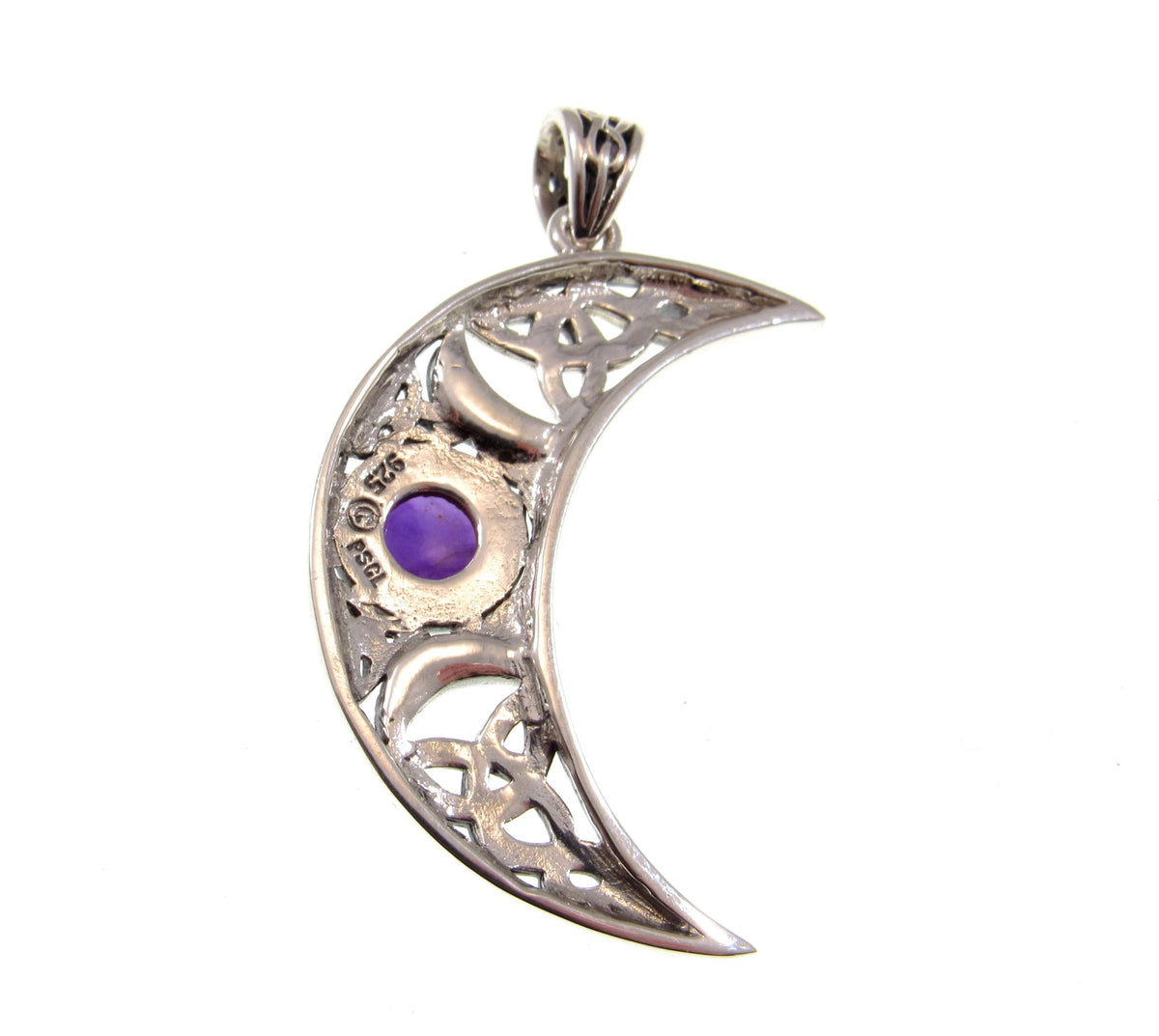 Solid 925 Sterling Silver Celtic Blue Moon Crescent Pendant – Triple Moon Goddess with Gemstone