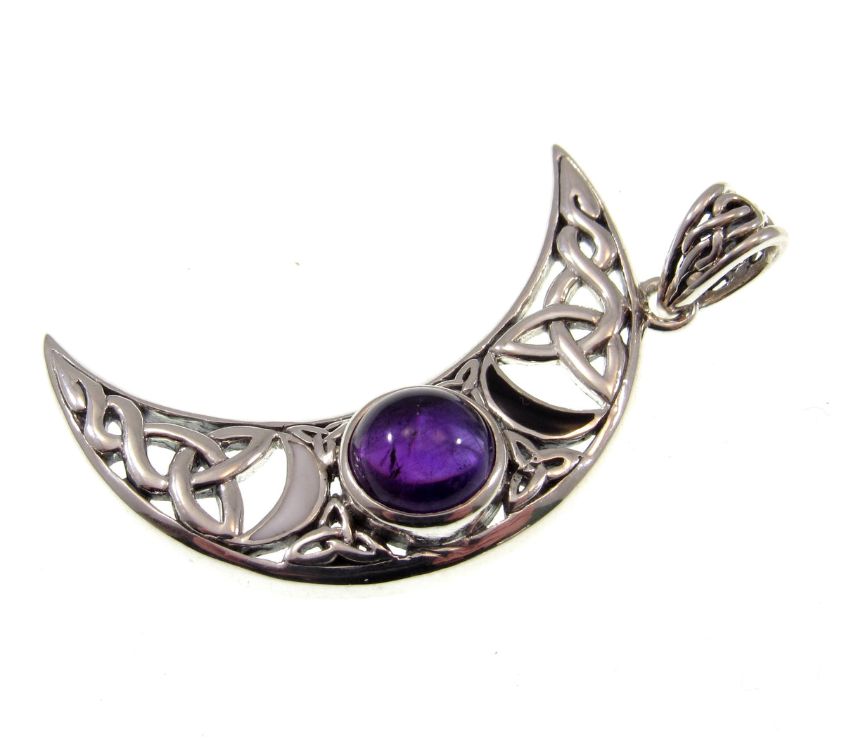 Solid 925 Sterling Silver Celtic Blue Moon Crescent Pendant – Triple Moon Goddess with Gemstone
