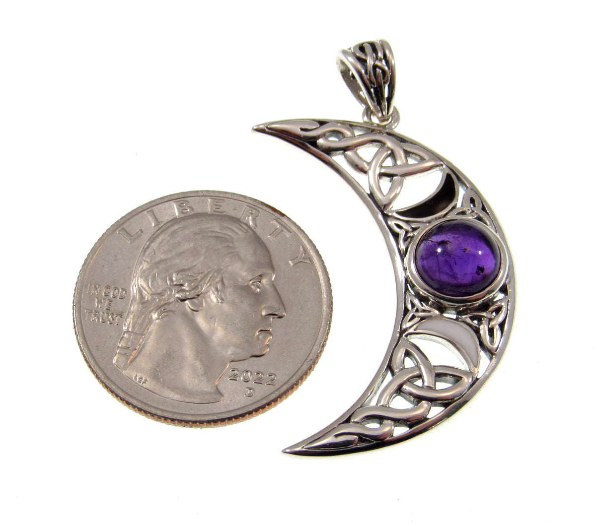 Solid 925 Sterling Silver Celtic Blue Moon Crescent Pendant – Triple Moon Goddess with Gemstone