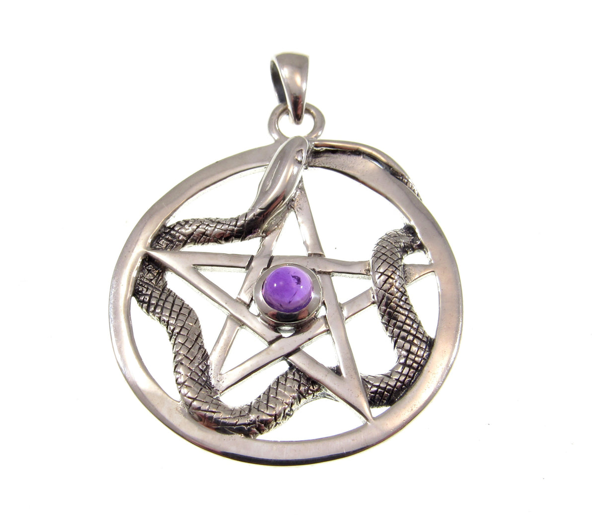 Solid 925 Sterling Silver Weaving Snake Pentacle Pentagram Pendant, Choose Gemstone: Amethyst, Red Garnet, Moonstone or Blue Topaz