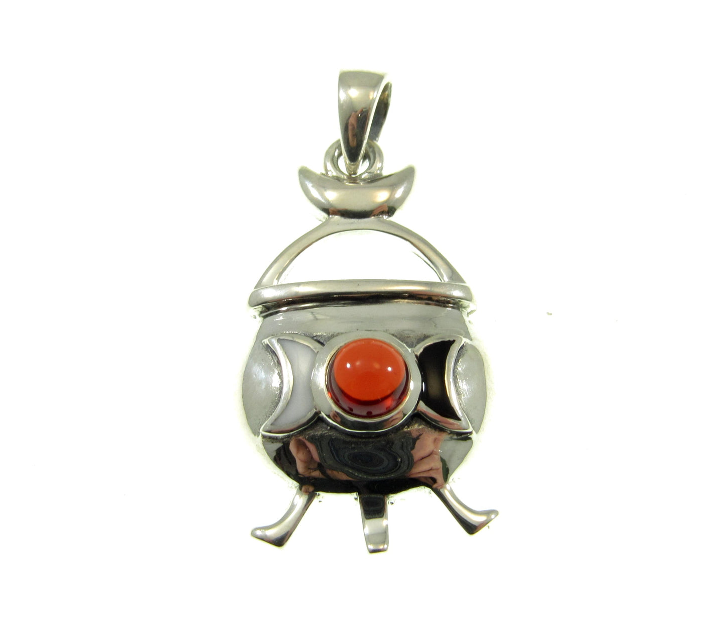 Solid 925 Sterling Silver Witch Cauldron Triple Moon Pendant, Choose Amethyst, Garnet, Moonstone, Topaz