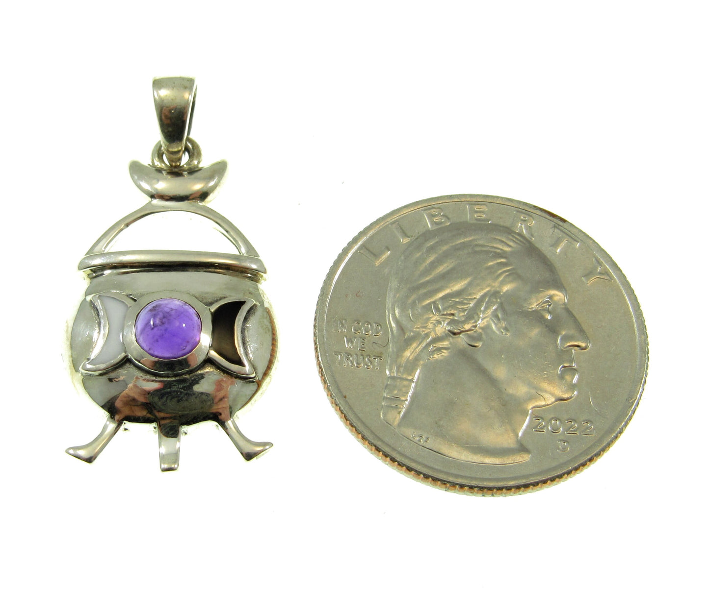 Solid 925 Sterling Silver Witch Cauldron Triple Moon Pendant, Choose Amethyst, Garnet, Moonstone, Topaz