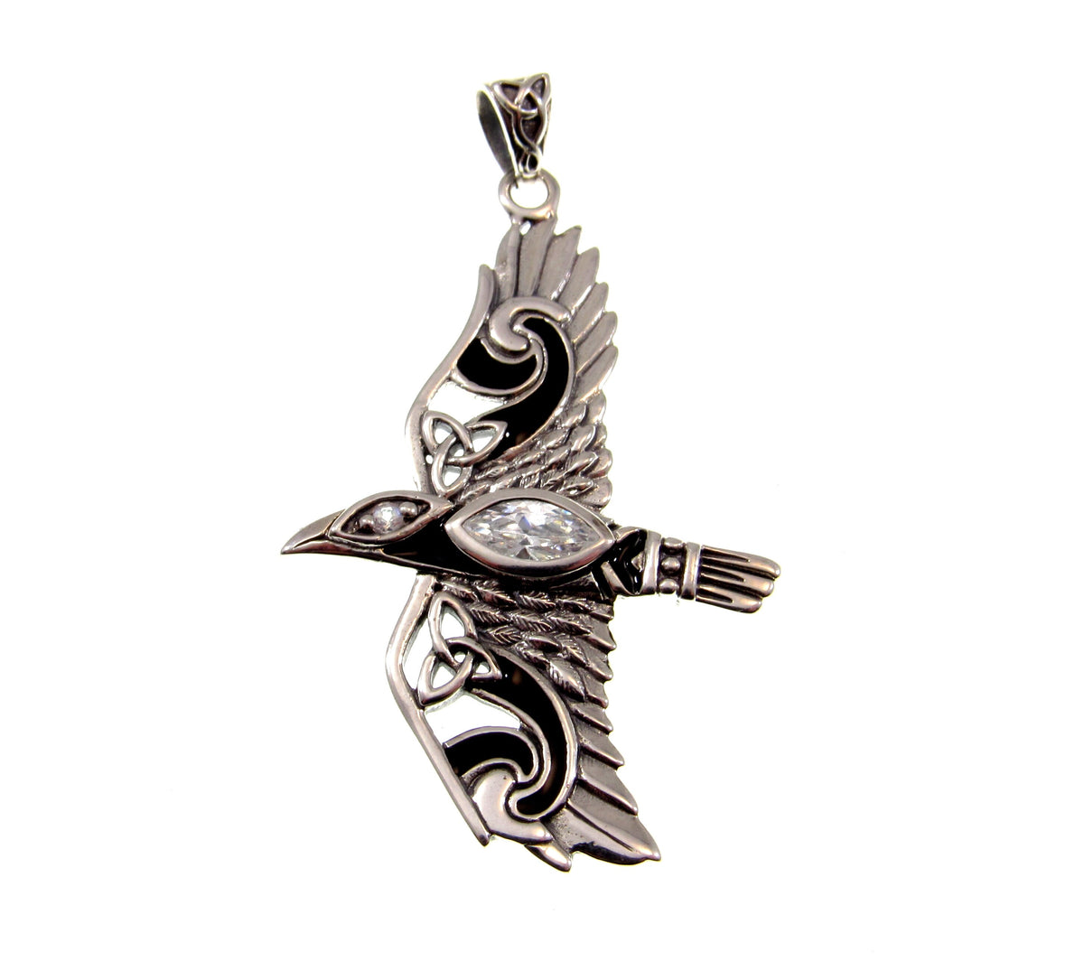 Solid 925 Sterling Silver Raven Pendant in Flight, Celtic Knot Bird with Faceted Gemstone – Amethyst Garnet Moonstone or Topaz