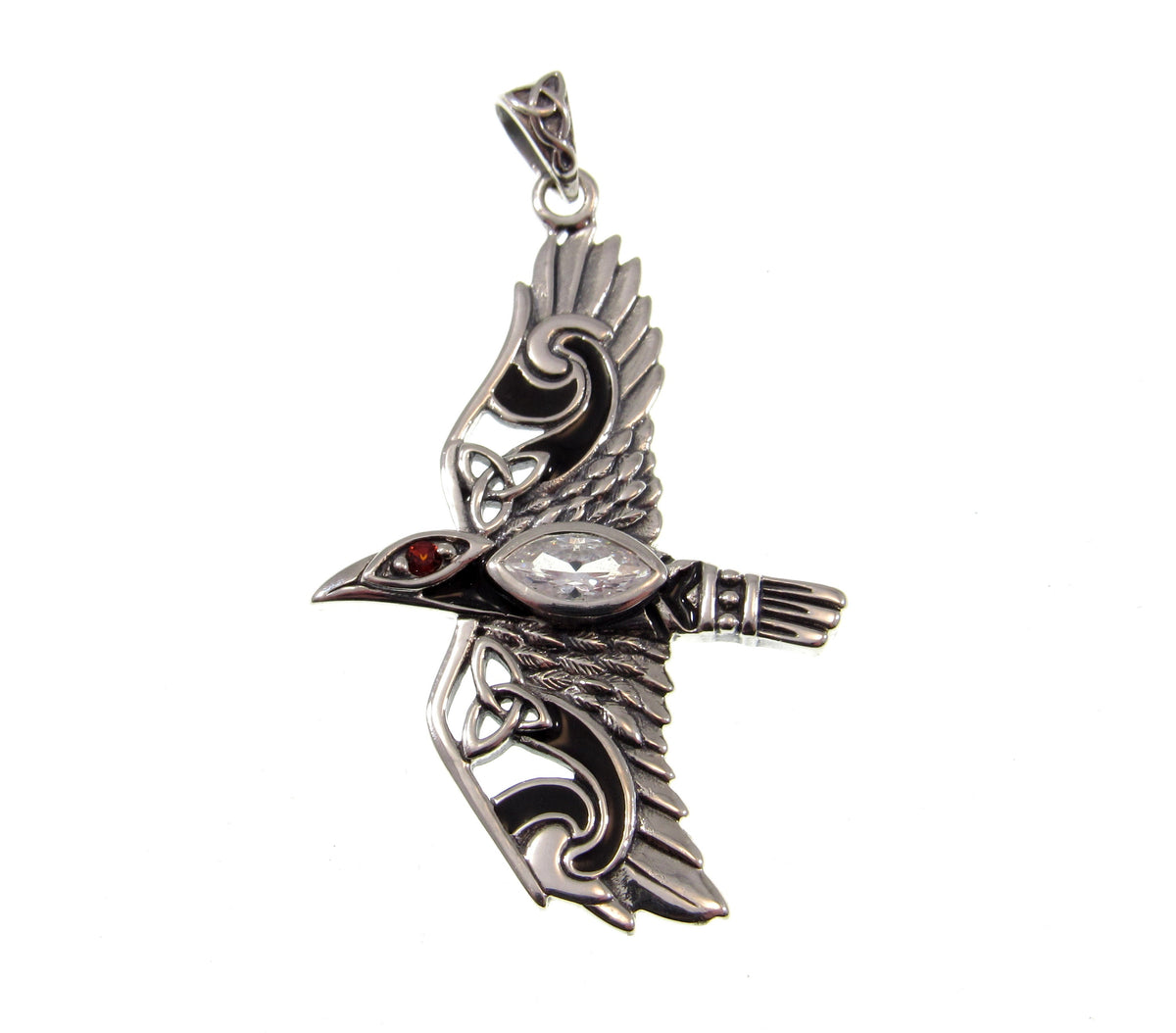 Solid 925 Sterling Silver Raven Pendant in Flight, Celtic Knot Bird with Faceted Gemstone – Amethyst Garnet Moonstone or Topaz