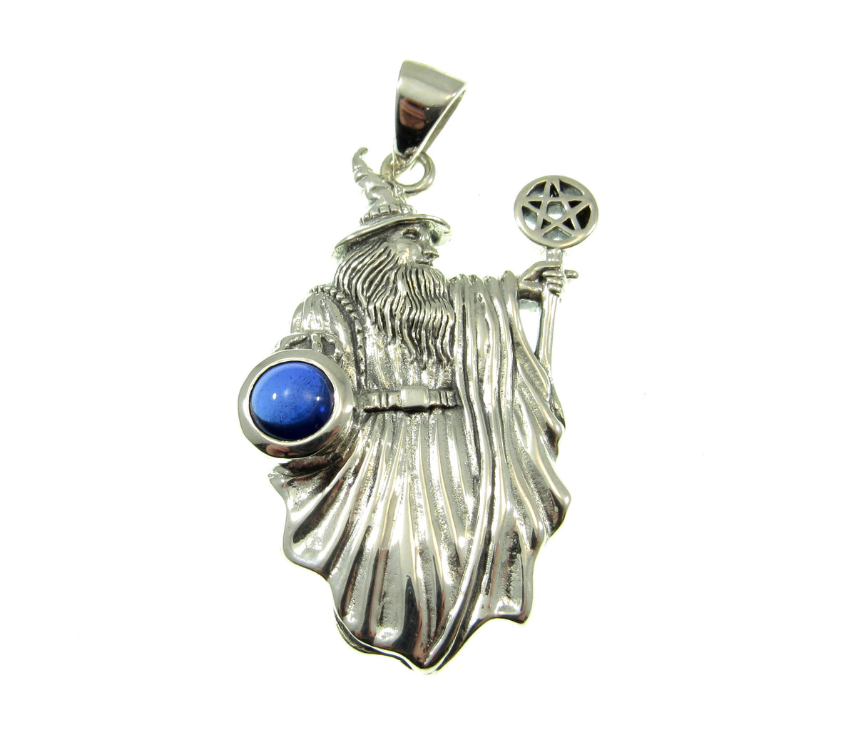 Solid 925 Sterling Silver Wizard Pentagram Pendant – Wiccan Amulet – Choose Amethyst, Garnet, Moonstone, Sapphire