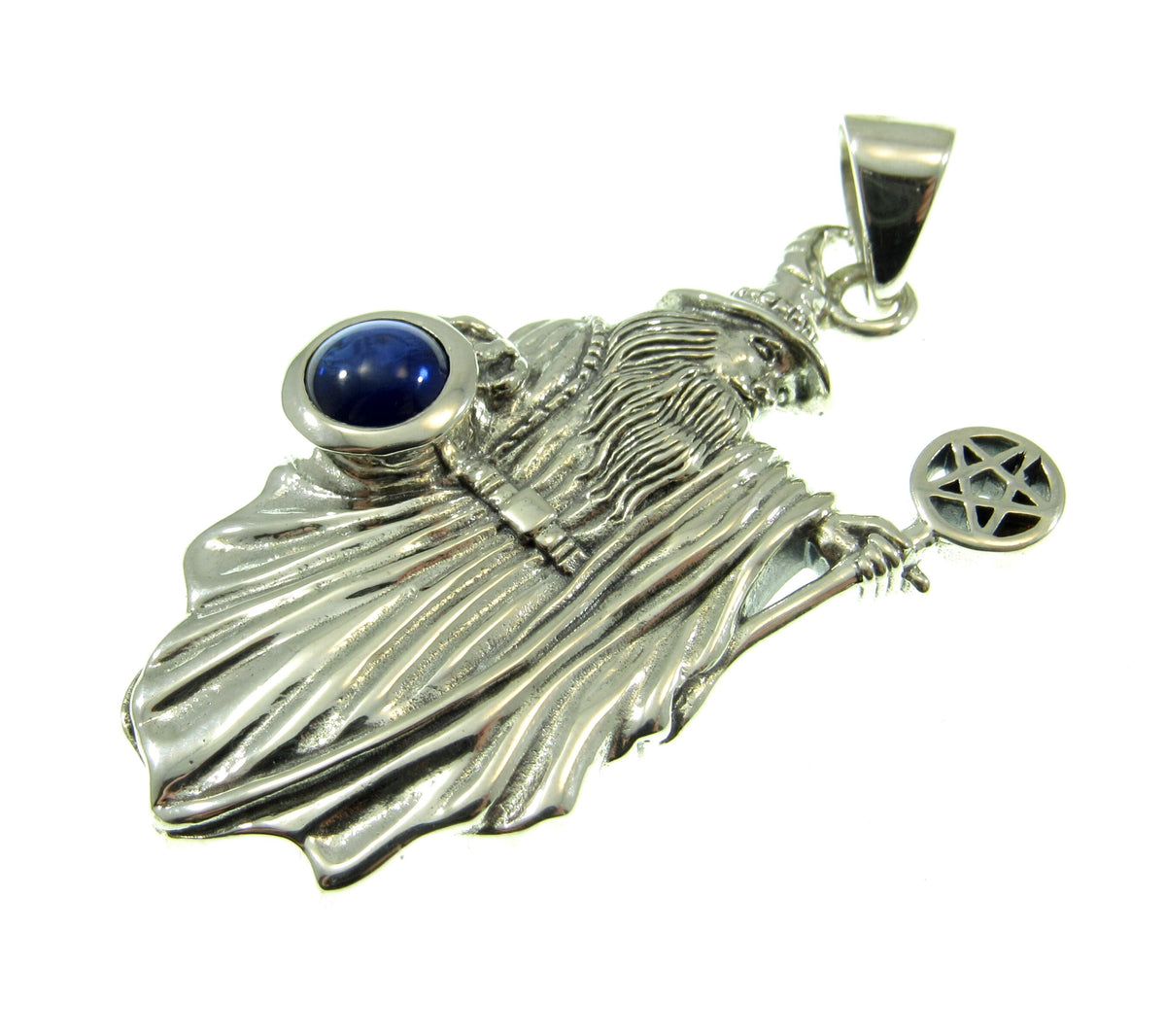 Solid 925 Sterling Silver Wizard Pentagram Pendant – Wiccan Amulet – Choose Amethyst, Garnet, Moonstone, Sapphire