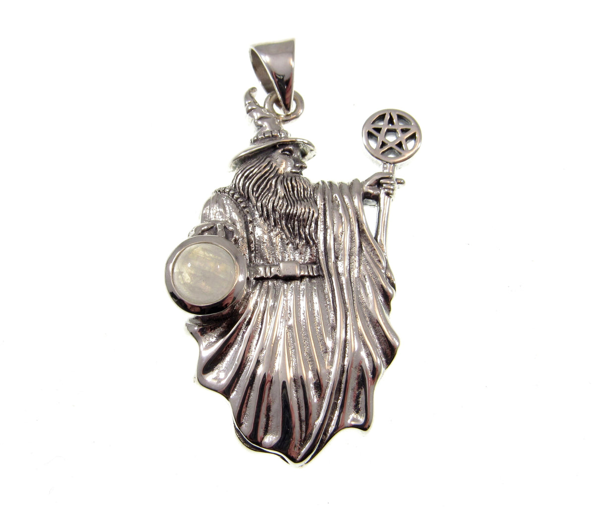 Solid 925 Sterling Silver Wizard Pentagram Pendant – Wiccan Amulet – Choose Amethyst, Garnet, Moonstone, Sapphire