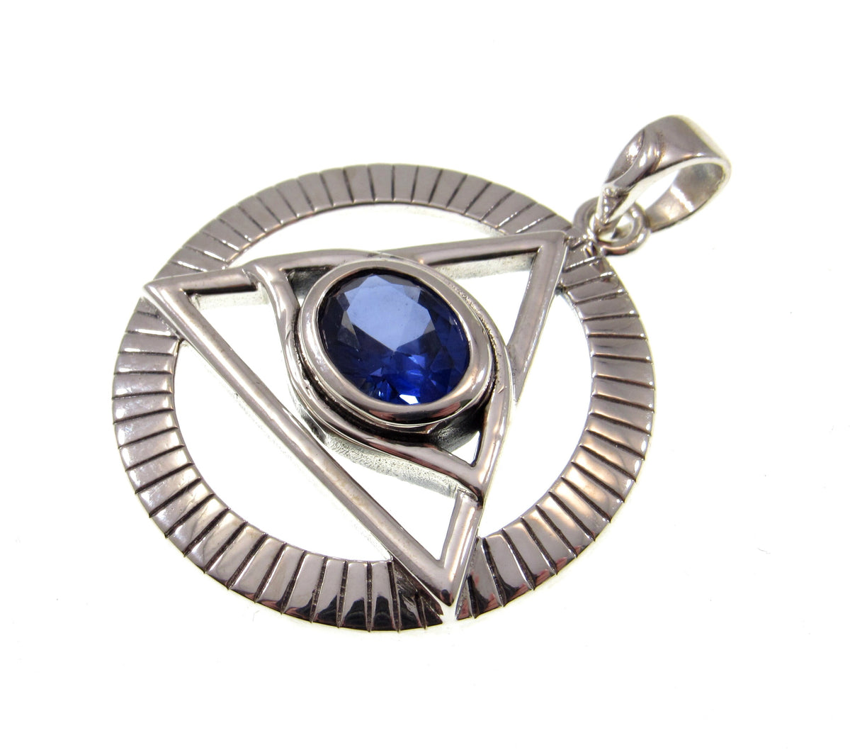 Solid 925 Sterling Silver Eye of the Egyptian Pyramid Illuminati Pendant, Choose Gemstone: Amethyst Garnet Sapphire or Bue Topaz