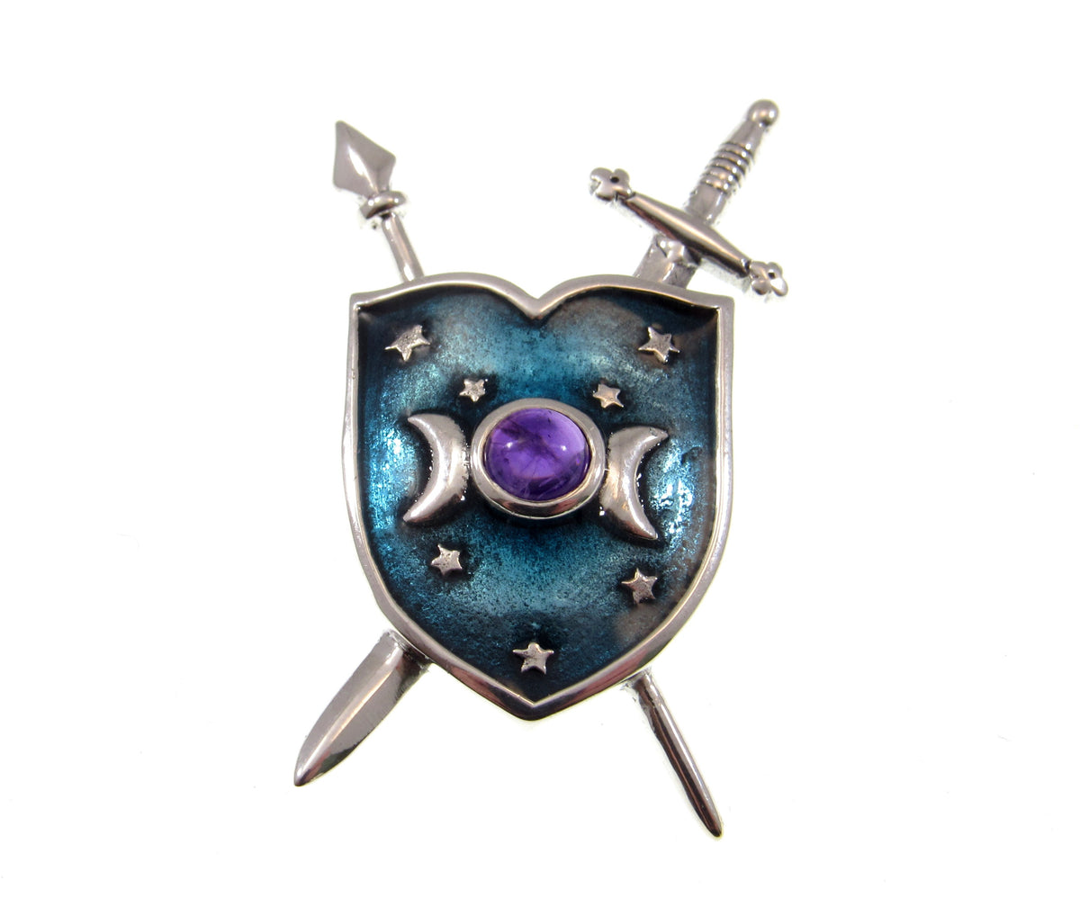 Solid 925 Sterling Silver Triple Moon Shield & Swords Pendant, Amethyst or Rainbow Moonstone