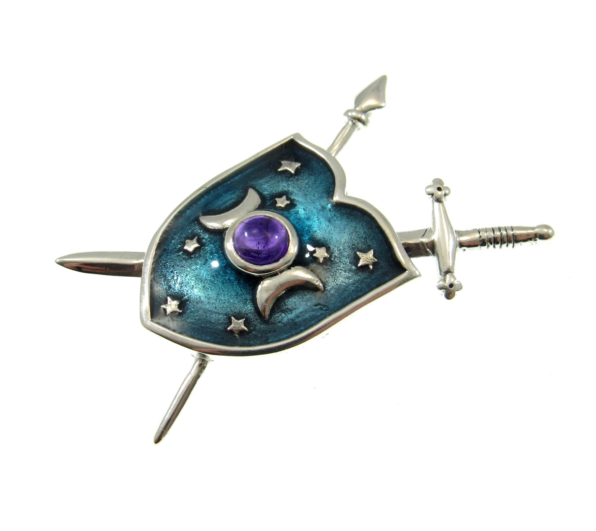 Solid 925 Sterling Silver Triple Moon Shield & Swords Pendant, Amethyst or Rainbow Moonstone