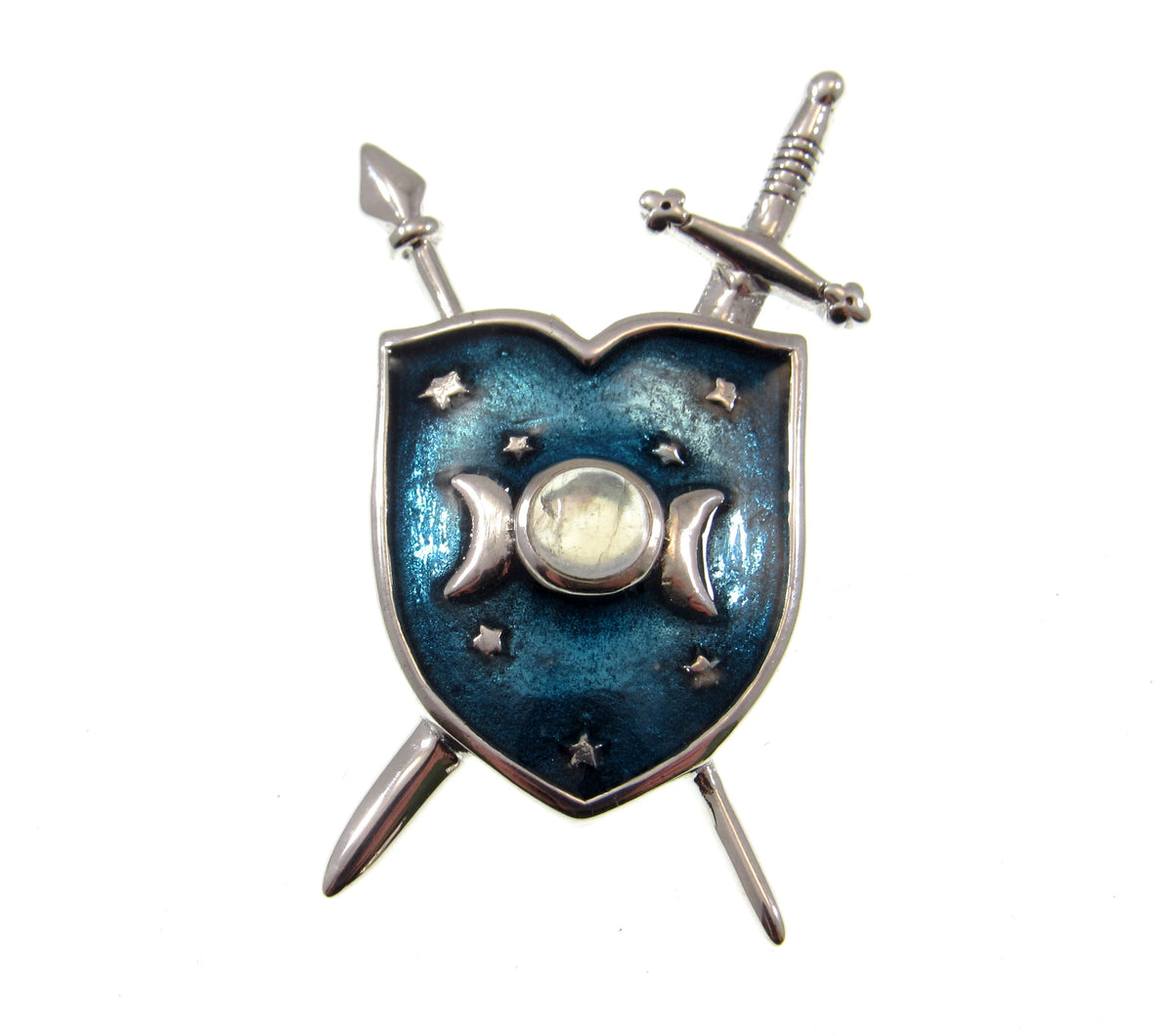 Solid 925 Sterling Silver Triple Moon Shield & Swords Pendant, Amethyst or Rainbow Moonstone