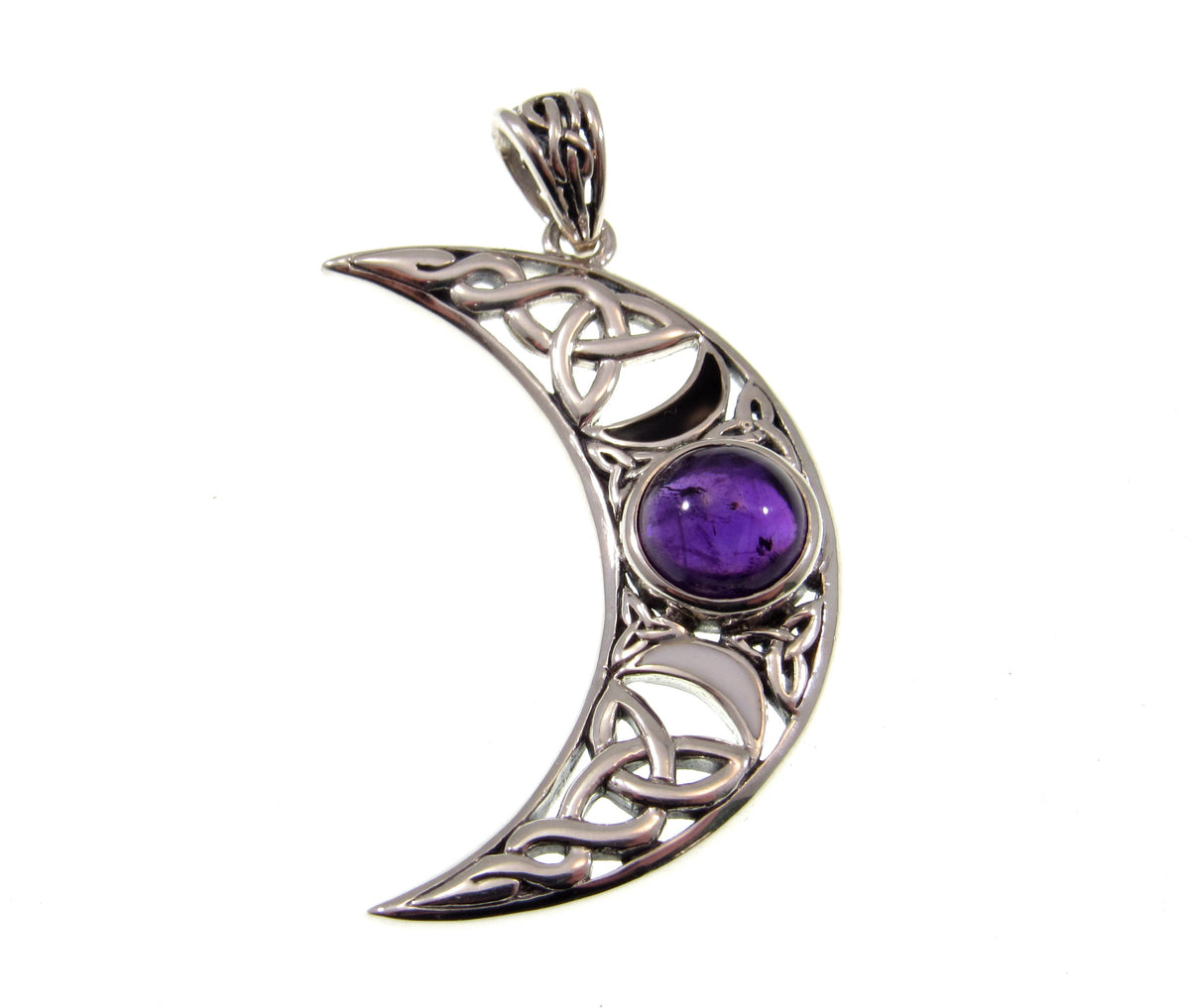 Solid 925 Sterling Silver Celtic Blue Moon Crescent Pendant – Triple Moon Goddess with Gemstone