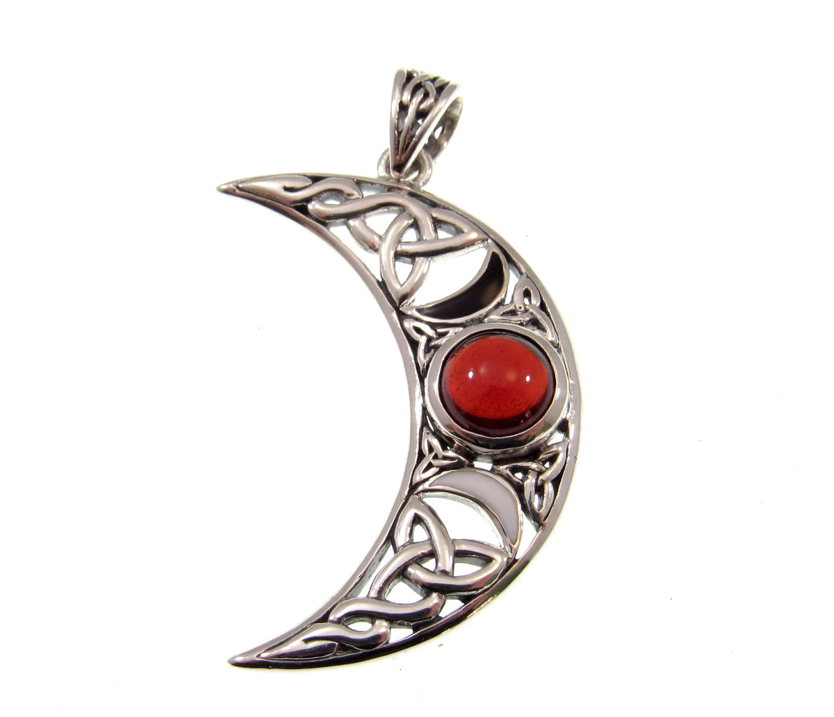 Solid 925 Sterling Silver Celtic Blue Moon Crescent Pendant – Triple Moon Goddess with Gemstone