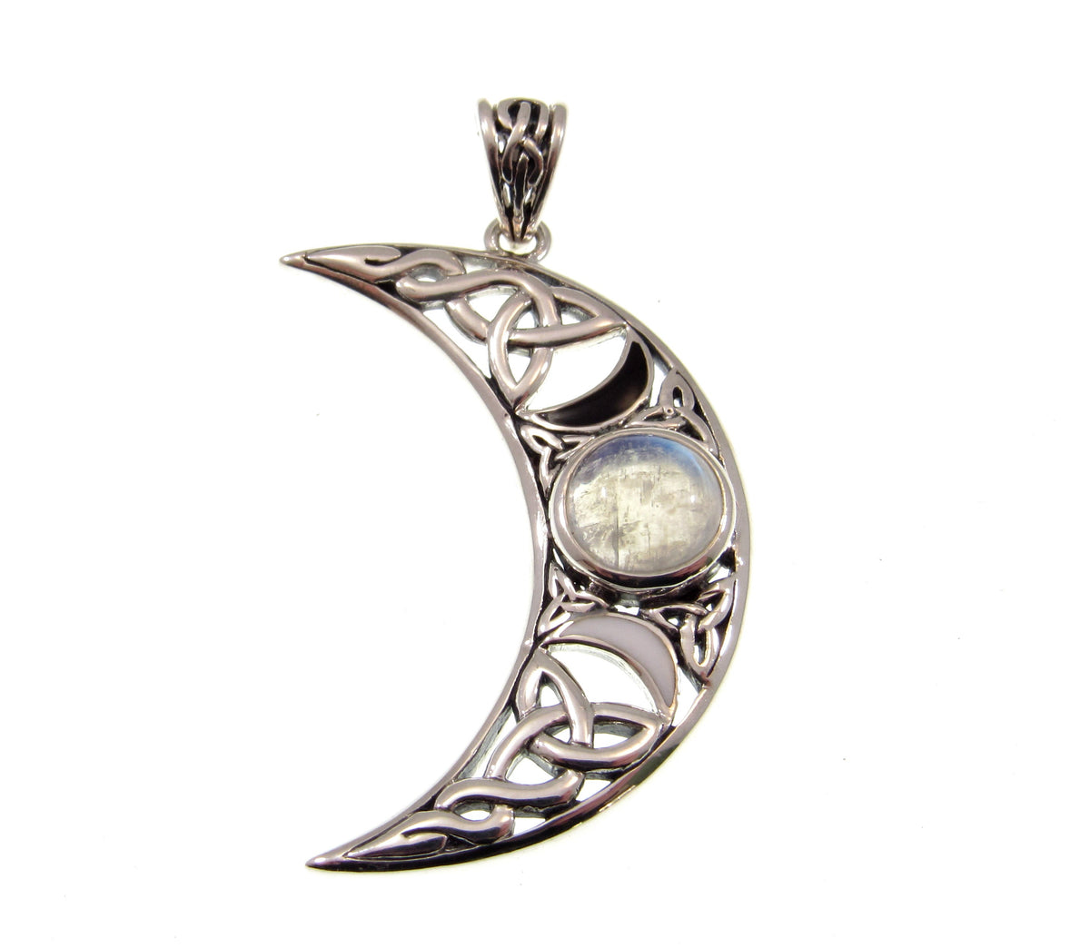 Solid 925 Sterling Silver Celtic Blue Moon Crescent Pendant – Triple Moon Goddess with Gemstone
