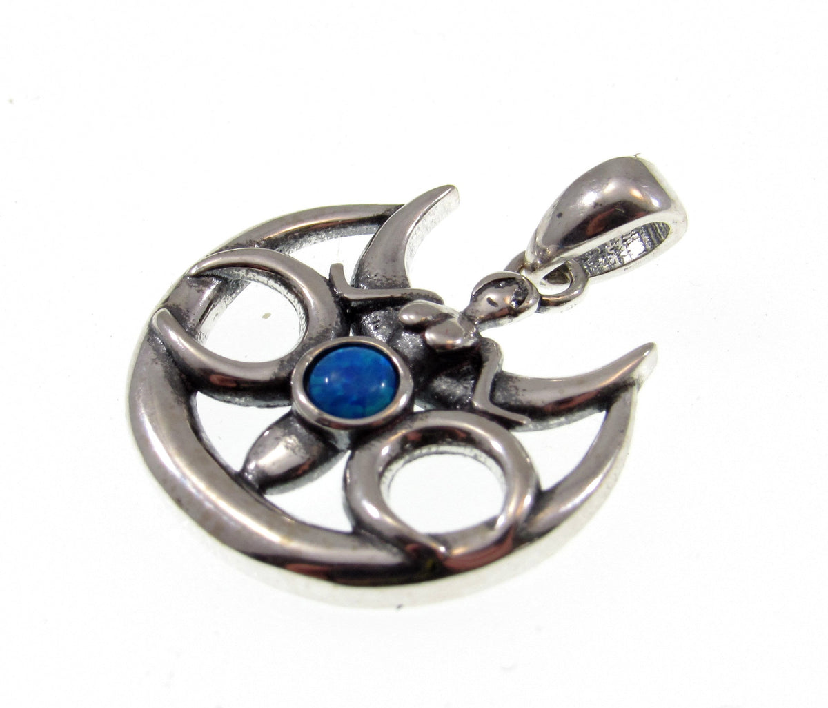 Solid 925 Sterling Silver Opal Triple Moon Goddess Pendant, Wiccan Moon Phase Charm