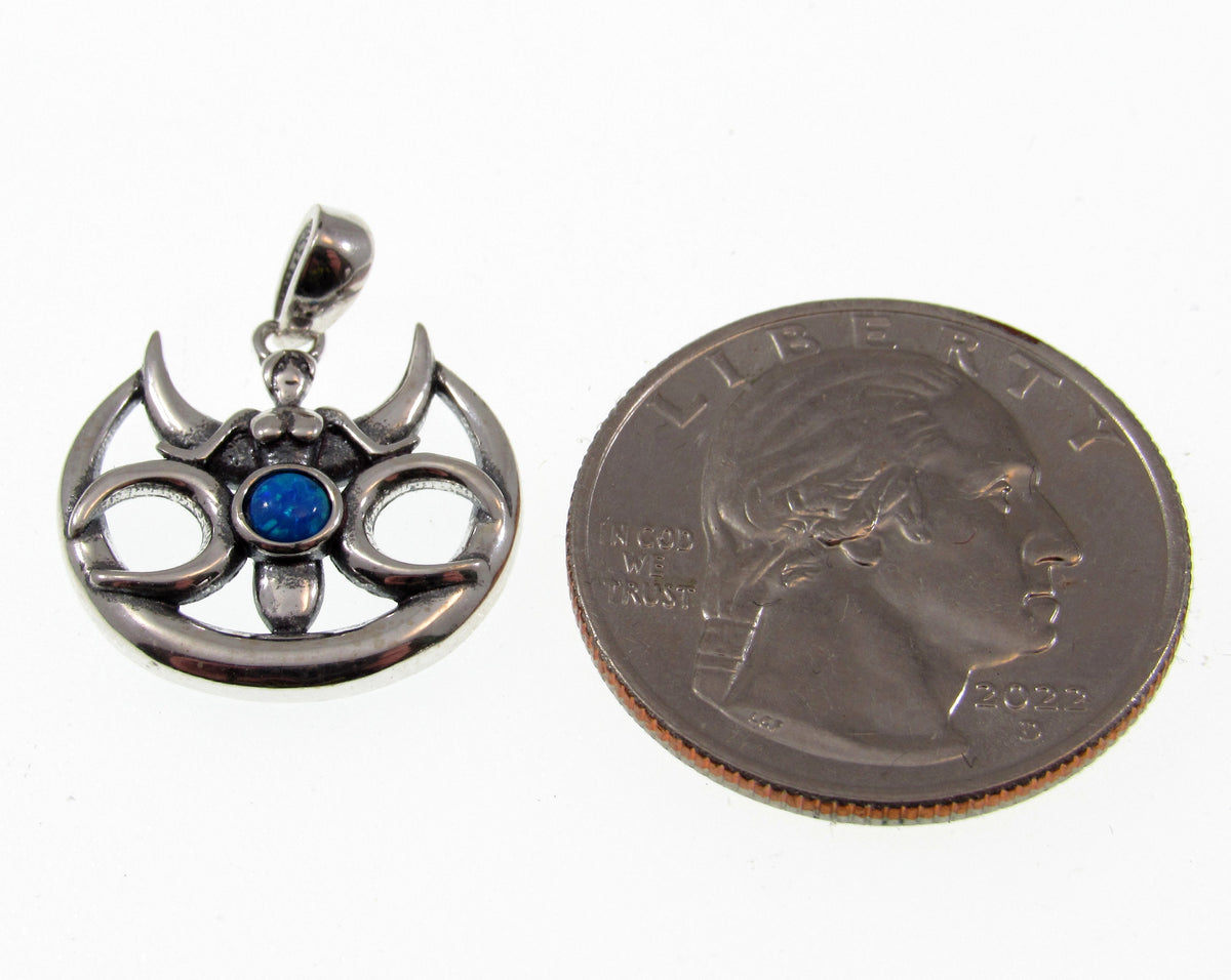 Solid 925 Sterling Silver Opal Triple Moon Goddess Pendant, Wiccan Moon Phase Charm