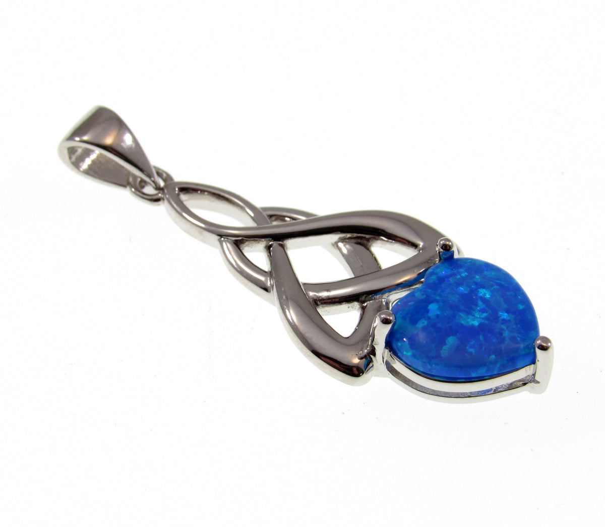 Solid 925 Sterling Silver & Lab-Created Blue Opal Celtic Infinity Knot and Heart Pendant, Handcrafted Gaelic Eternal Love Jewelry