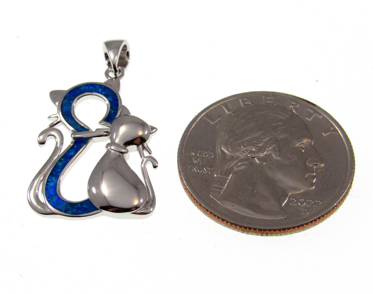 Solid 925 Sterling Silver & Lab-Created Blue or White Fire Opal Twin Cats Pendant, Handcrafted Feline Jewelry - Cat Lovers Necklace Charm