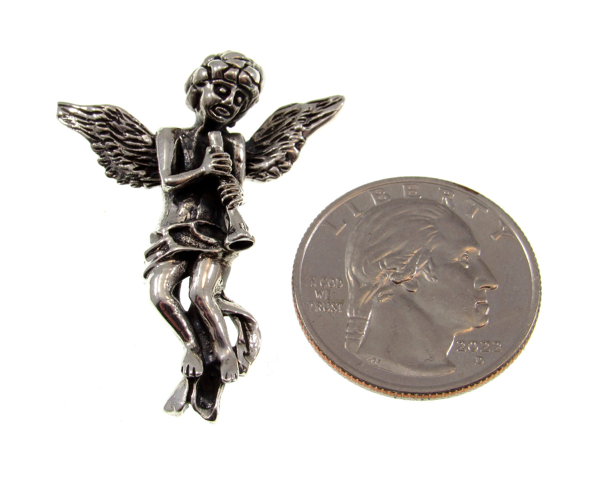 Solid 925 Sterling Silver Baby Cupid / Eros Playing Flute Pendant, God of Love, Attraction, Affection, & Desire, Mythological Jewelry