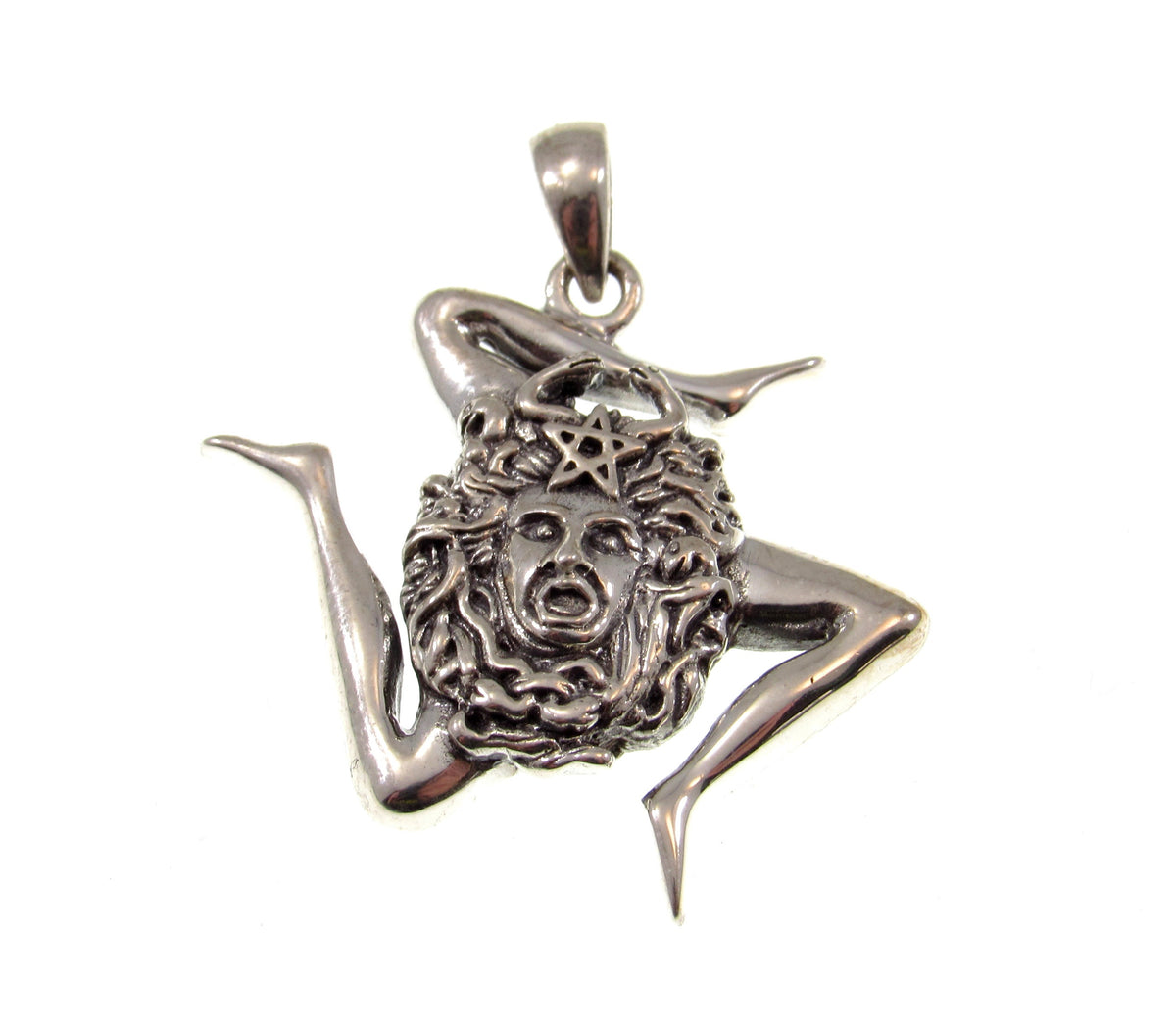 Solid 925 Sterling Silver Medusa / Sicilian Trinacria and Pentacle Star Pendant, Protection Amulet, Witch Talisman