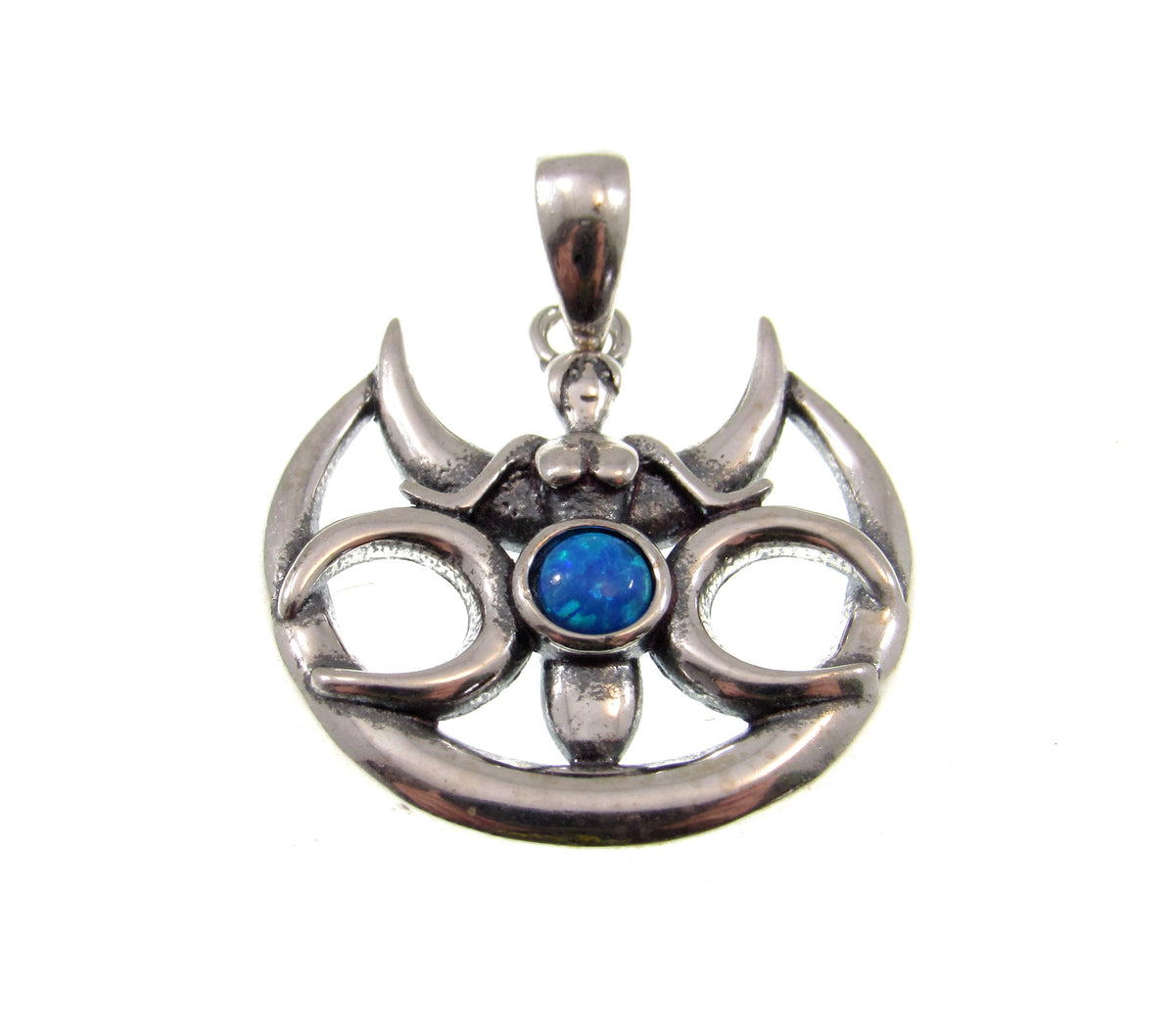 Solid 925 Sterling Silver Opal Triple Moon Goddess Pendant, Wiccan Moon Phase Charm