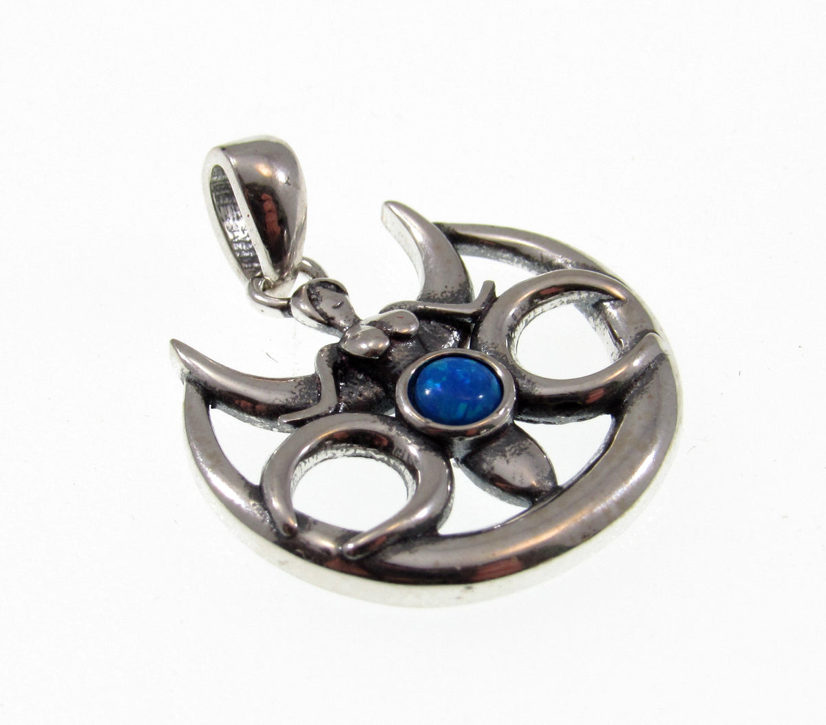 Solid 925 Sterling Silver Opal Triple Moon Goddess Pendant, Wiccan Moon Phase Charm