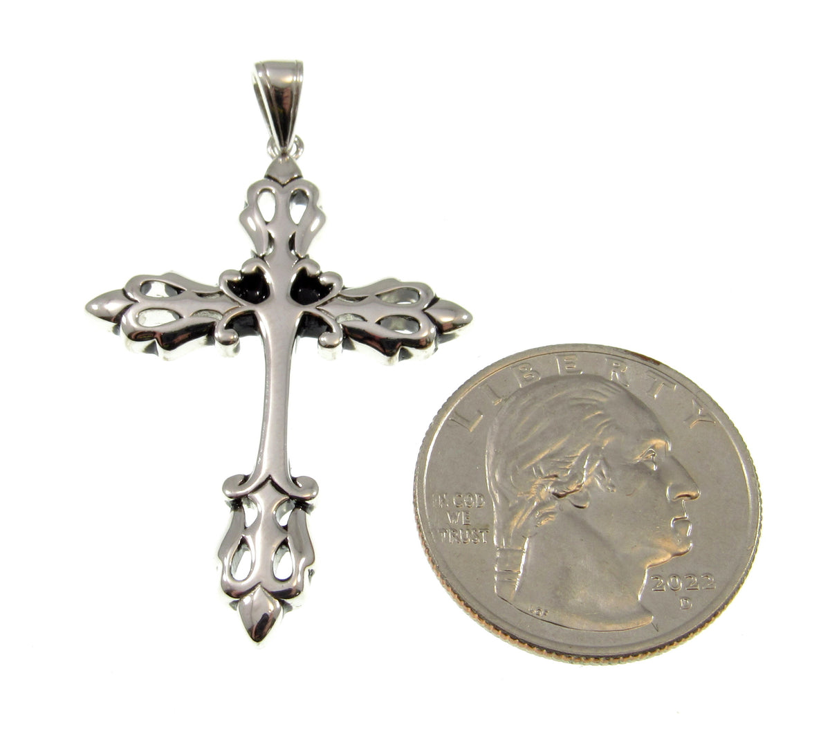 Solid 925 Sterling Silver Gothic Fleur-de-Lis Cross Pendant, Vintage Style Christian Necklace Charm, Ornate Medieval Style Jewelry