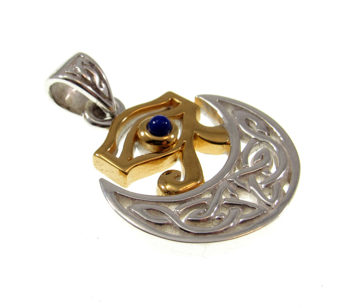 Solid 925 Sterling Silver & 18k Gold Celtic Scota Goddess Eye of Horus Pendant, Handcrafted Scotia Mother of Scotland Jewelry with Lapis