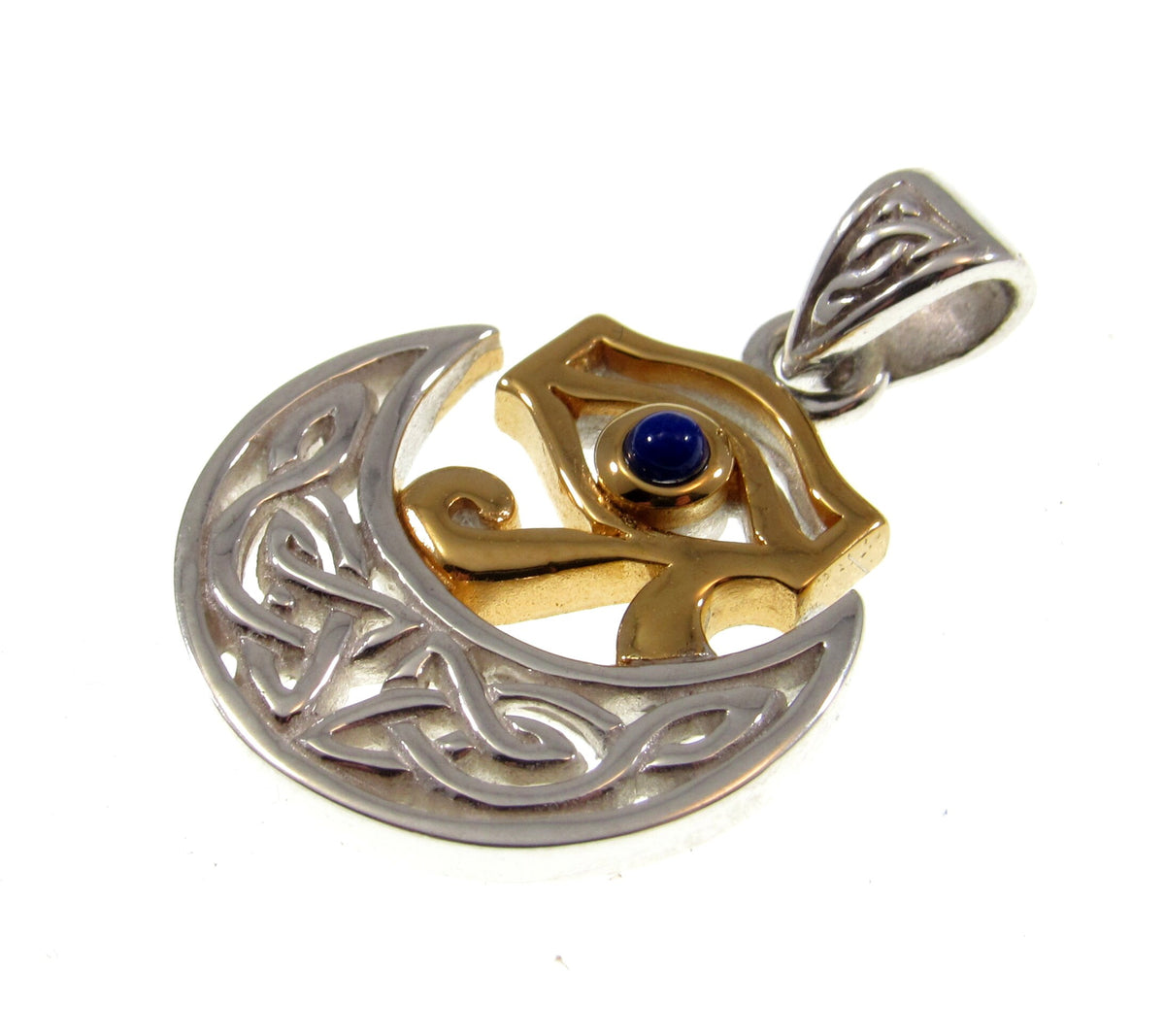 Solid 925 Sterling Silver & 18k Gold Celtic Scota Goddess Eye of Horus Pendant, Handcrafted Scotia Mother of Scotland Jewelry with Lapis