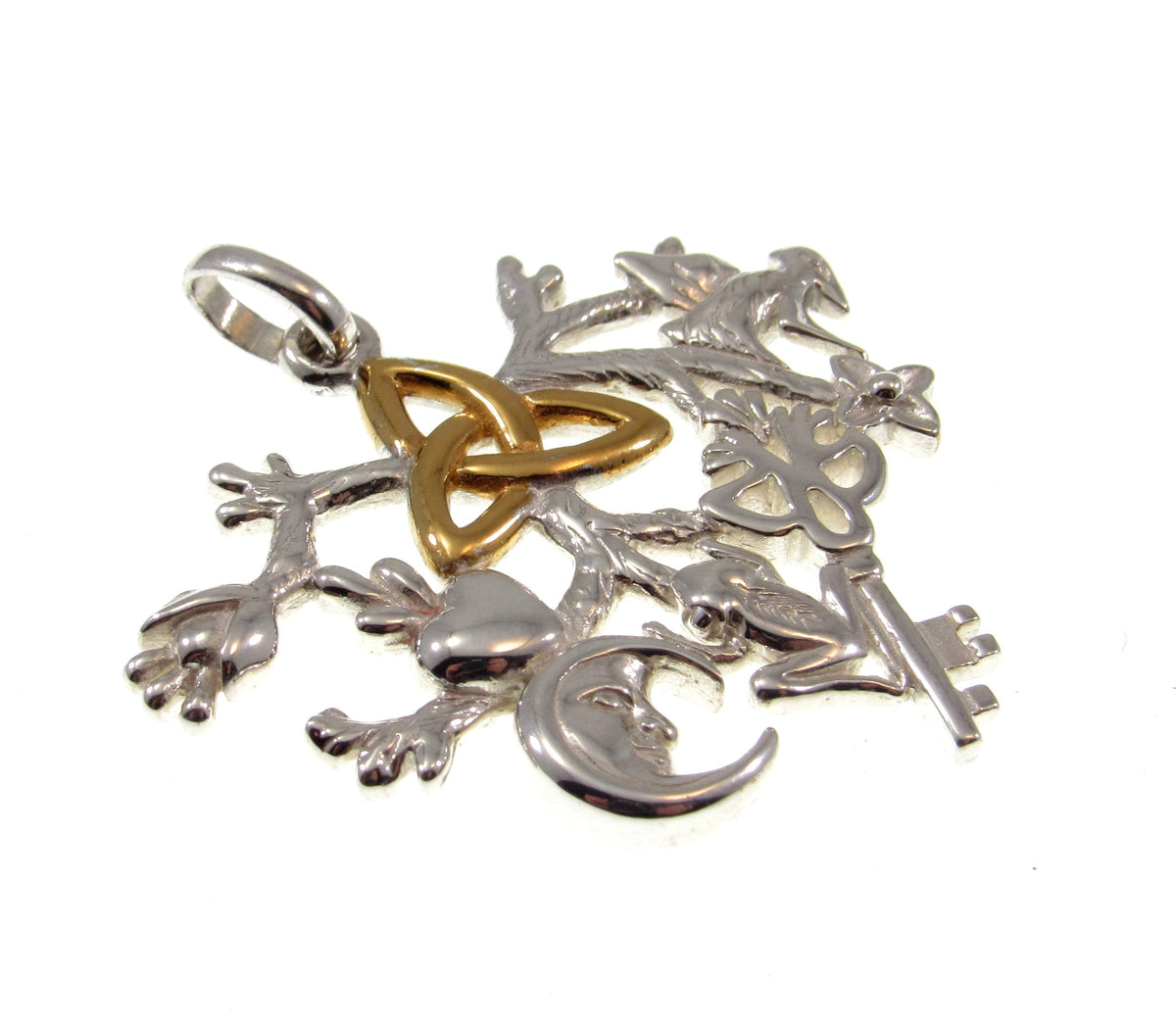 Solid 925 Sterling Silver & 14k Gold Cimaruta Witch Pendant, Italian Protection Talisman / Trinity Knot