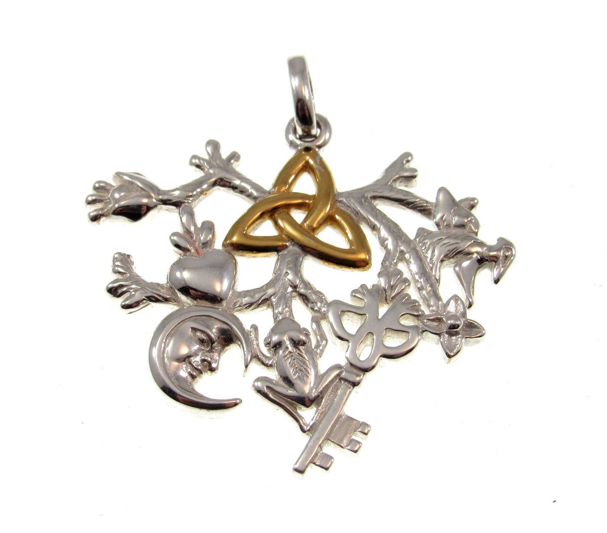 Solid 925 Sterling Silver & 14k Gold Cimaruta Witch Pendant, Italian Protection Talisman / Trinity Knot