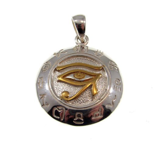 Solid 925 Sterling Silver & Gold Vermeil Egyptian Eye of Horus Pendant with Zodiac Symbols, Eye of Ra Amulet, Protection Jewelry