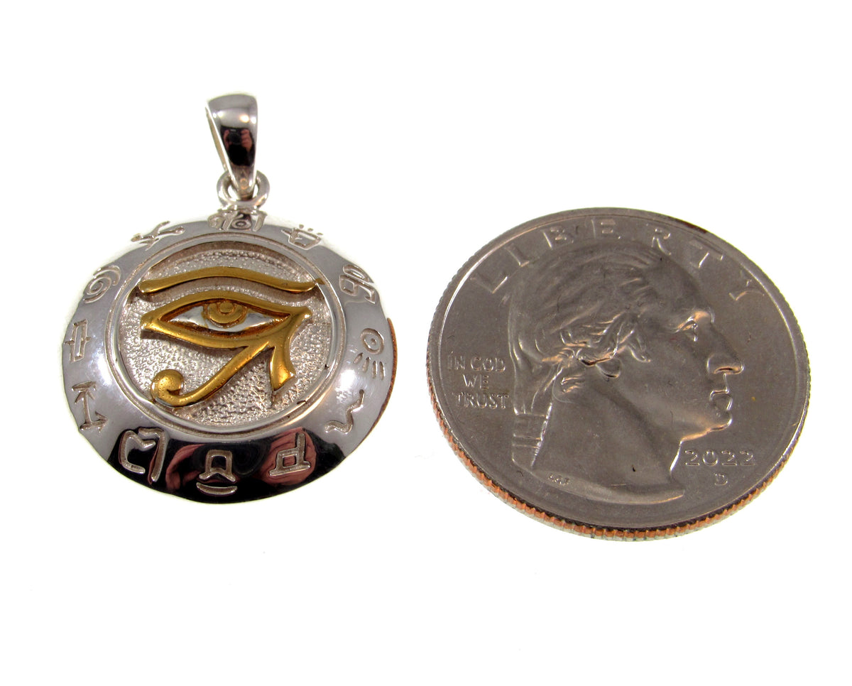 Solid 925 Sterling Silver & Gold Vermeil Egyptian Eye of Horus Pendant with Zodiac Symbols, Eye of Ra Amulet, Protection Jewelry