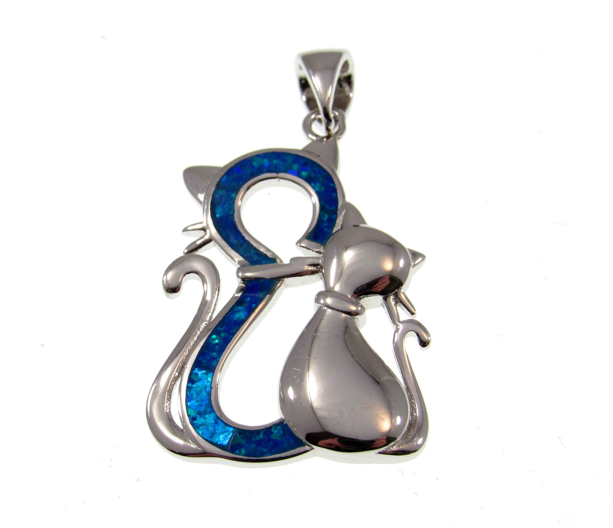 Solid 925 Sterling Silver & Lab-Created Blue or White Fire Opal Twin Cats Pendant, Handcrafted Feline Jewelry - Cat Lovers Necklace Charm