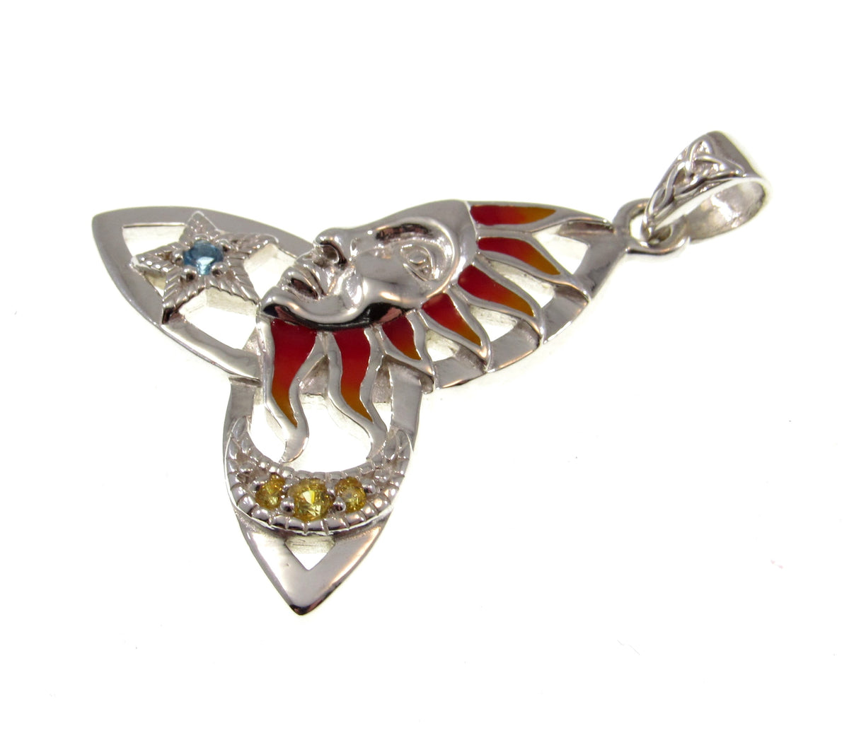 Solid 925 Sterling Silver Sun Moon Celtic Trinity Pendant – Red Enamel Solar Talisman