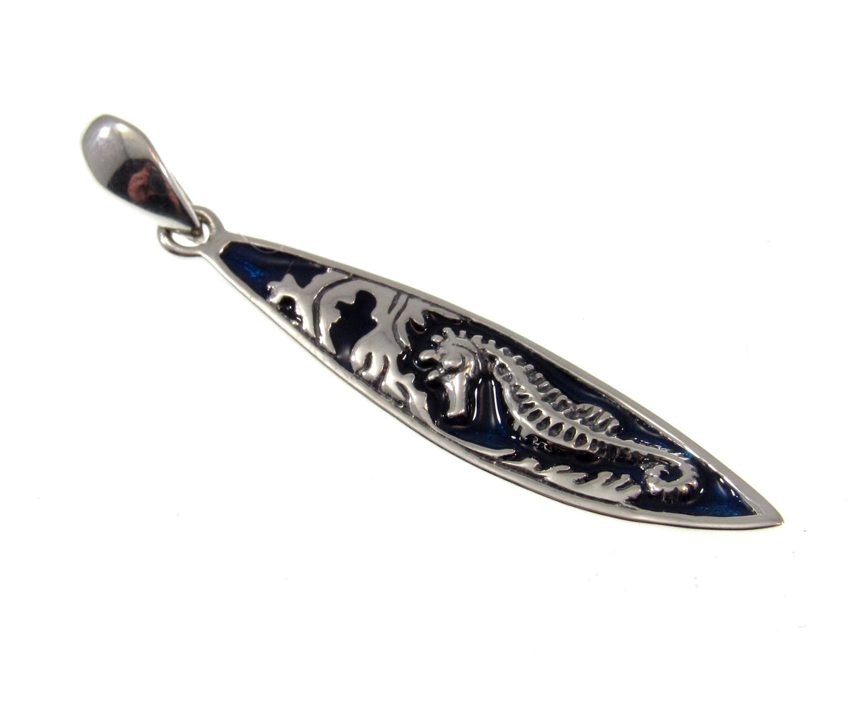Solid 925 Sterling Silver Blue Enameled Seahorse on Surfboard Pendant, Handcrafted Mystical Sea Horse Jewelry, Summer Beach Charm