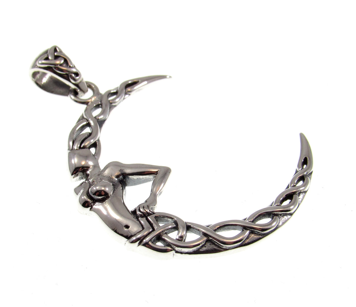 Solid 925 Sterling Silver Celtic Moon Goddess Pendant, Pagan Crescent Moon Amulet, Celestial Jewelry