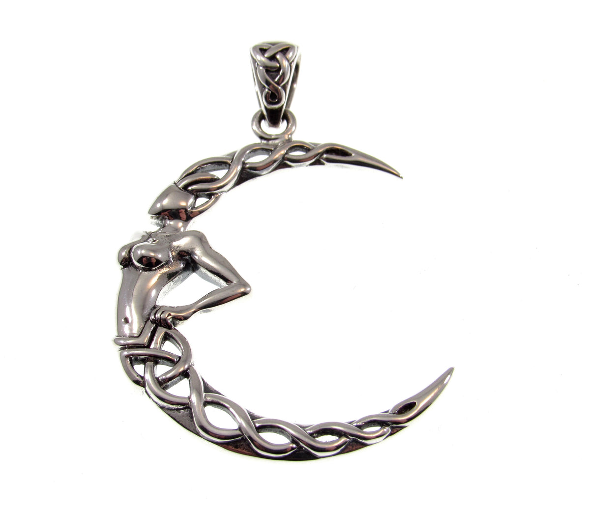 Solid 925 Sterling Silver Celtic Moon Goddess Pendant, Pagan Crescent Moon Amulet, Celestial Jewelry