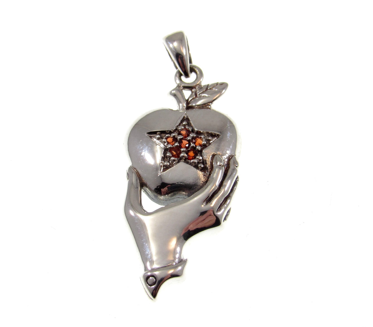 Solid 925 Sterling Silver Apple Pentacle Pendant w/ Garnet Stone Pagan Talisman, Gothic Jewelry