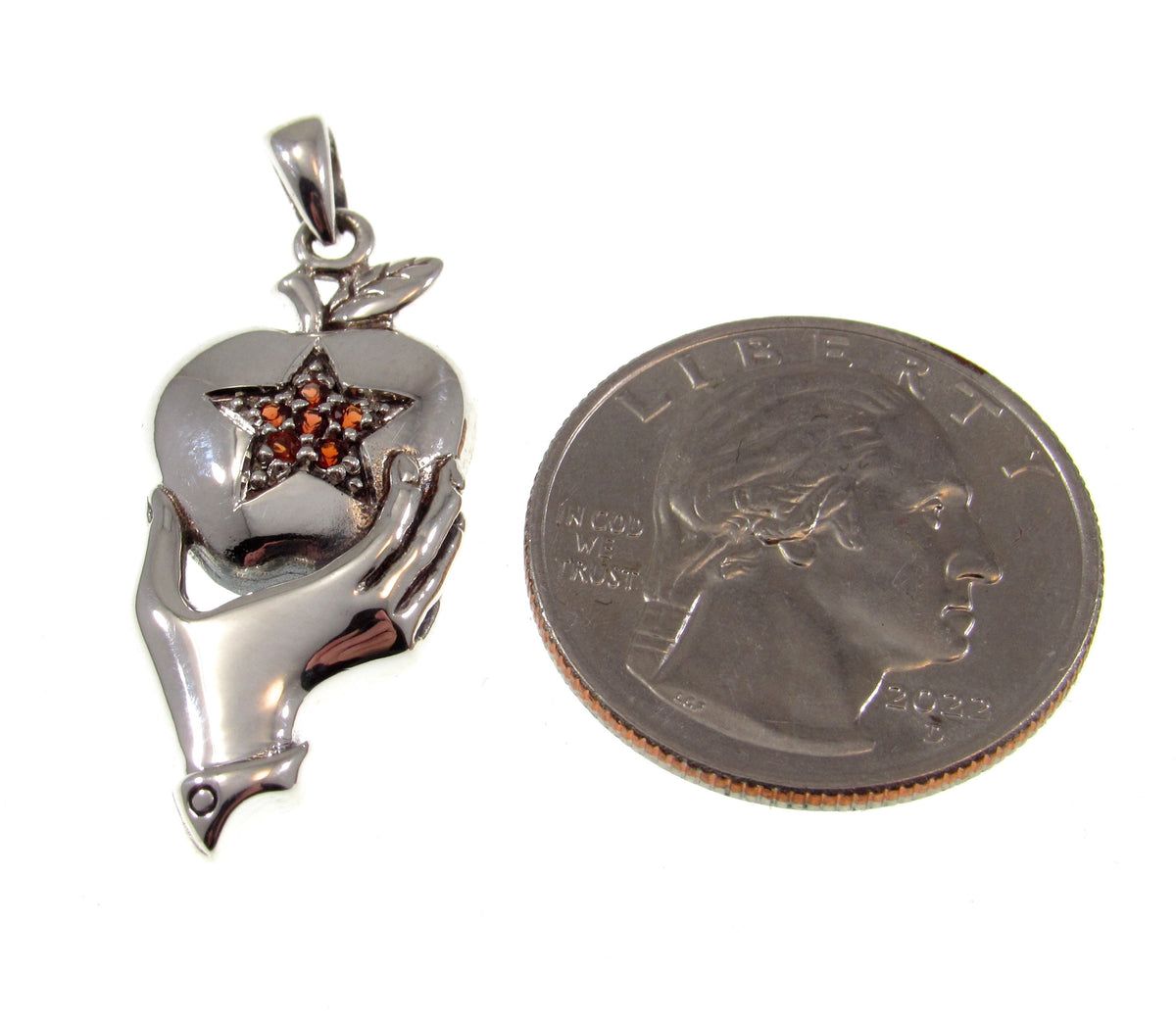 Solid 925 Sterling Silver Apple Pentacle Pendant w/ Garnet Stone Pagan Talisman, Gothic Jewelry