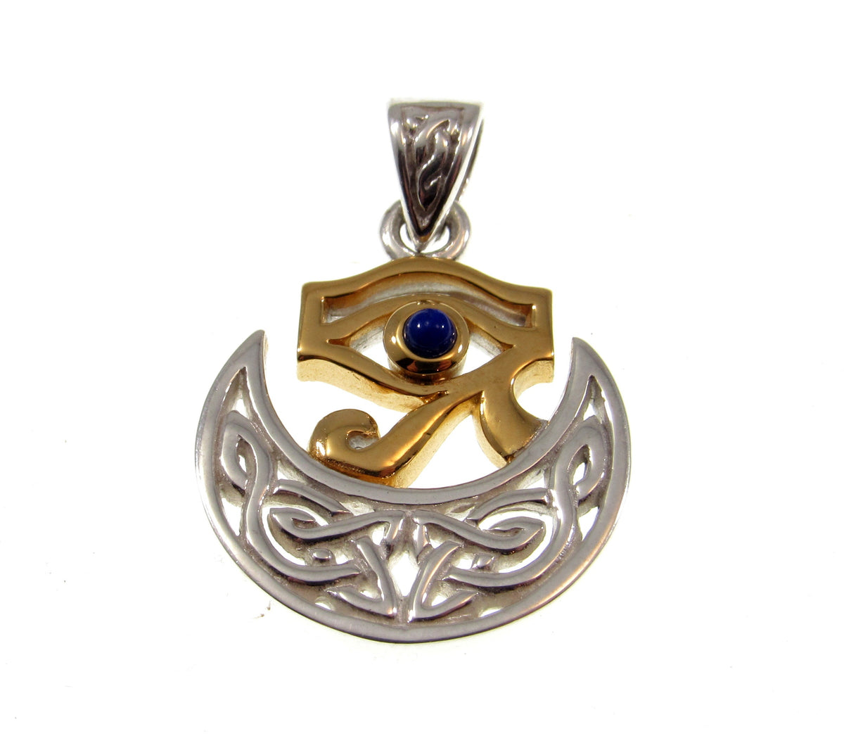 Solid 925 Sterling Silver & 18k Gold Celtic Scota Goddess Eye of Horus Pendant, Handcrafted Scotia Mother of Scotland Jewelry with Lapis