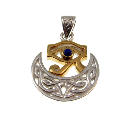Solid 925 Sterling Silver & 18k Gold Celtic Scota Goddess Eye of Horus Pendant, Handcrafted Scotia Mother of Scotland Jewelry with Lapis