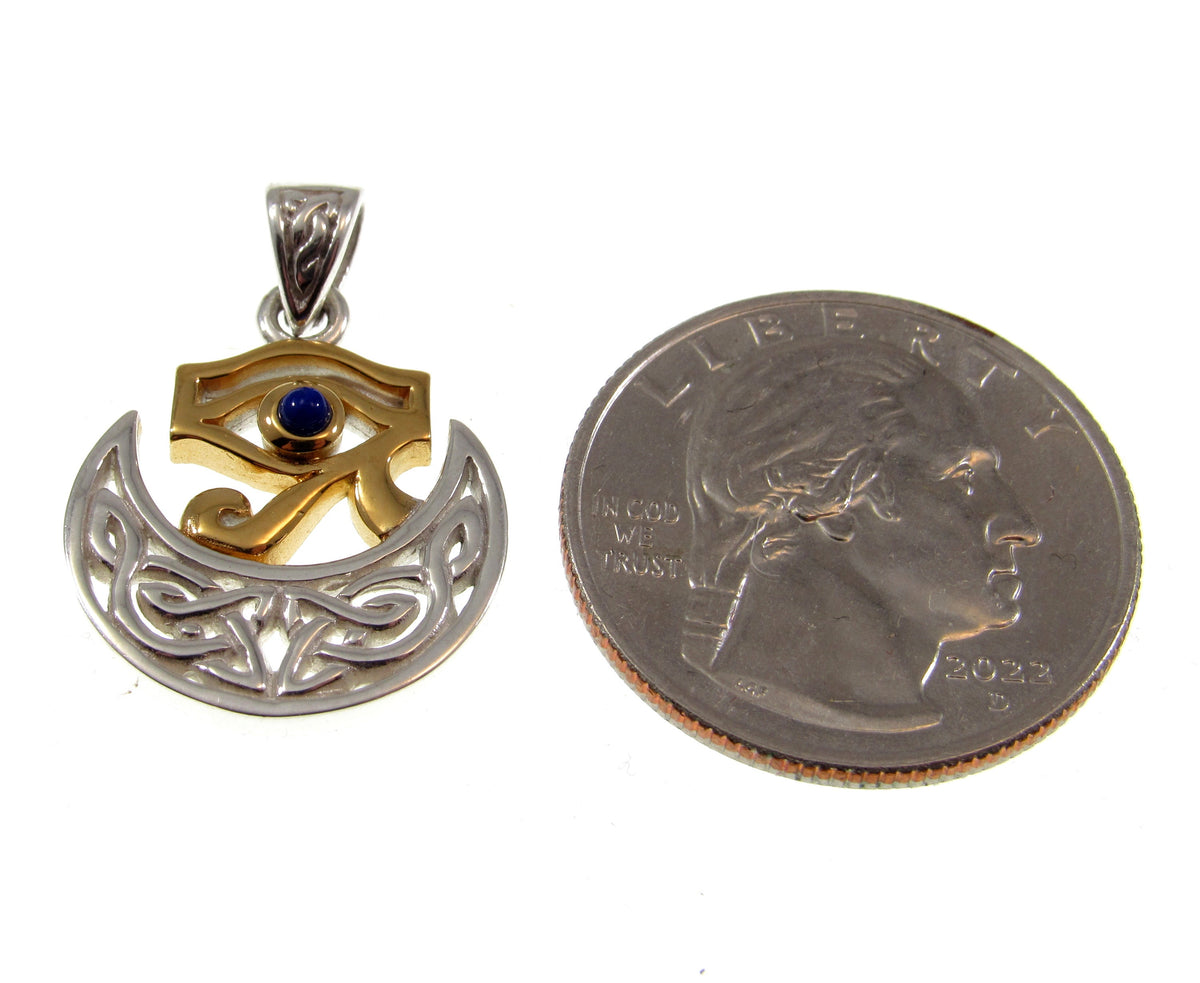 Solid 925 Sterling Silver & 18k Gold Celtic Scota Goddess Eye of Horus Pendant, Handcrafted Scotia Mother of Scotland Jewelry with Lapis