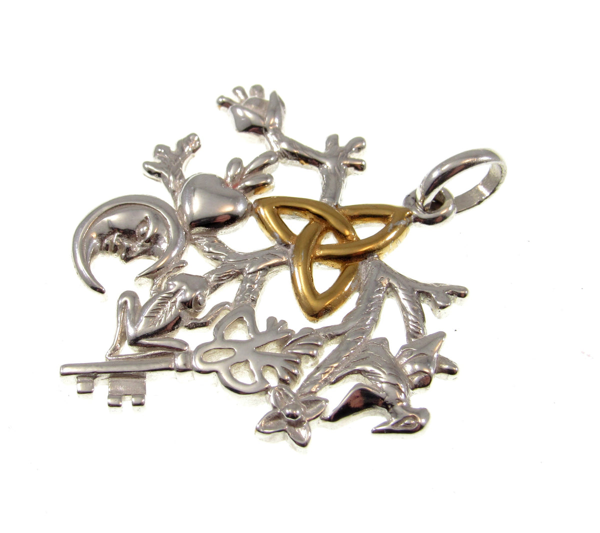 Solid 925 Sterling Silver & 14k Gold Cimaruta Witch Pendant, Italian Protection Talisman / Trinity Knot