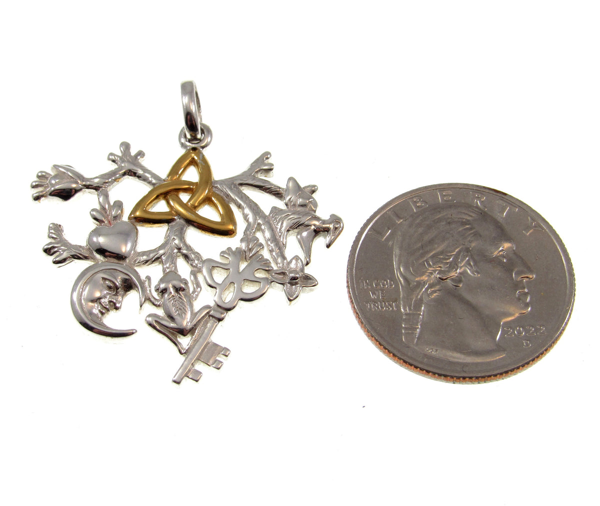Solid 925 Sterling Silver & 14k Gold Cimaruta Witch Pendant, Italian Protection Talisman / Trinity Knot