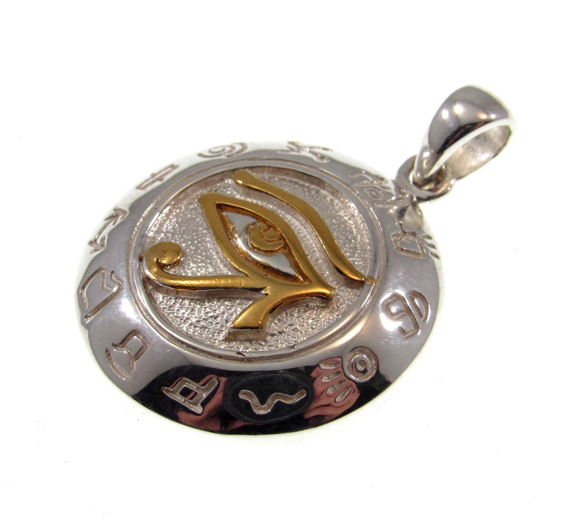 Solid 925 Sterling Silver & Gold Vermeil Egyptian Eye of Horus Pendant with Zodiac Symbols, Eye of Ra Amulet, Protection Jewelry