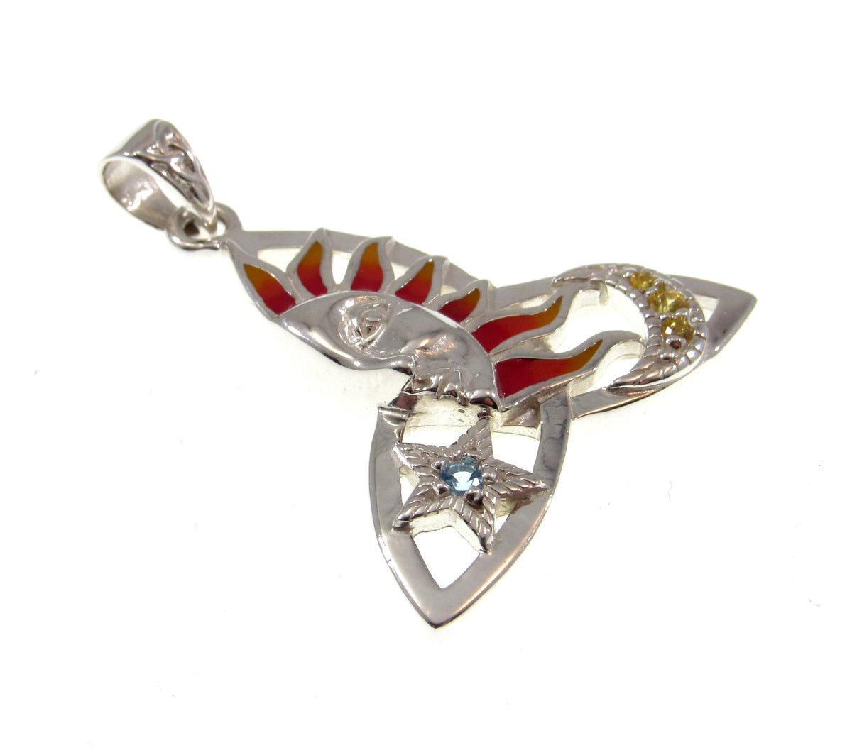 Solid 925 Sterling Silver Sun Moon Celtic Trinity Pendant – Red Enamel Solar Talisman