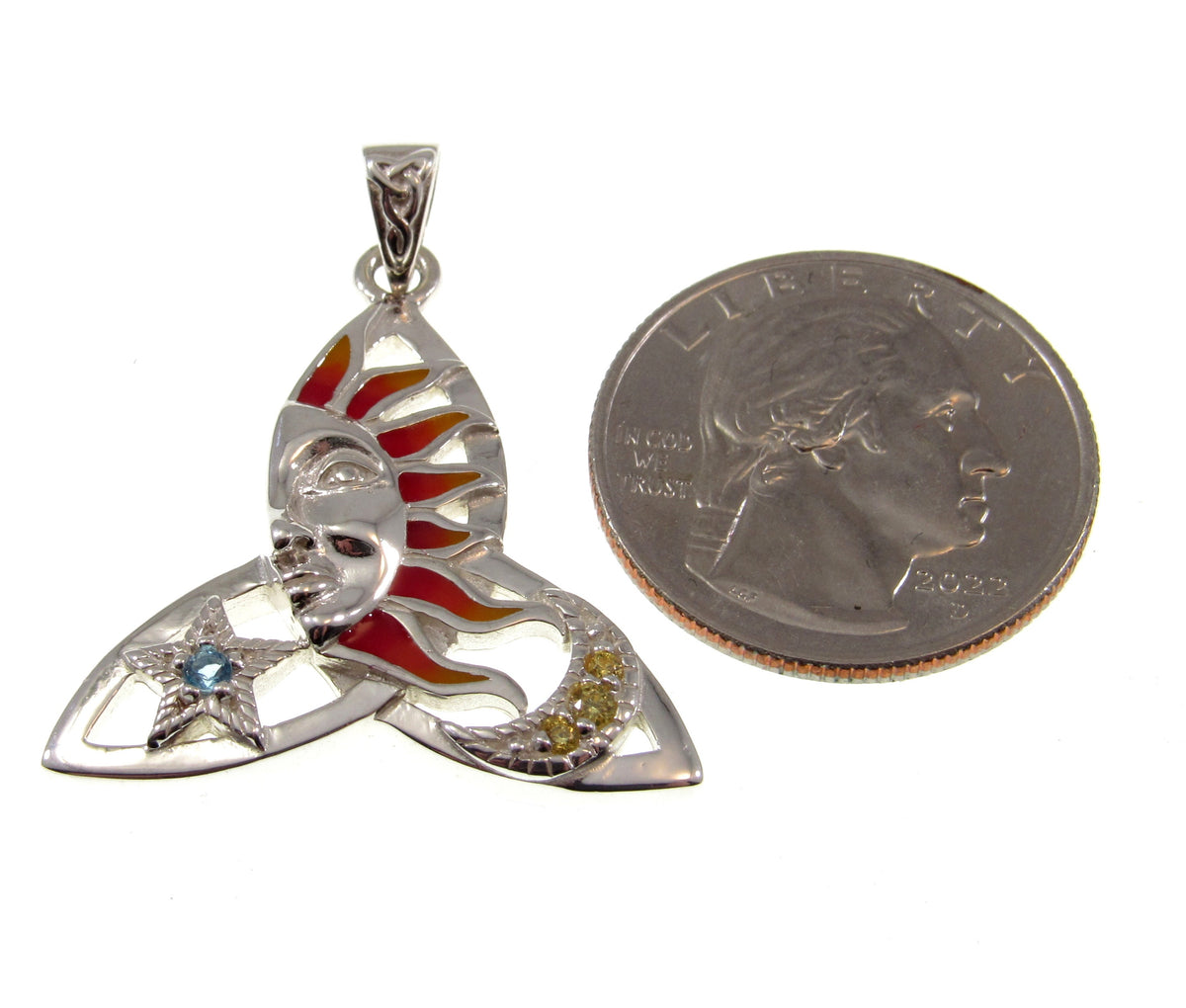 Solid 925 Sterling Silver Sun Moon Celtic Trinity Pendant – Red Enamel Solar Talisman