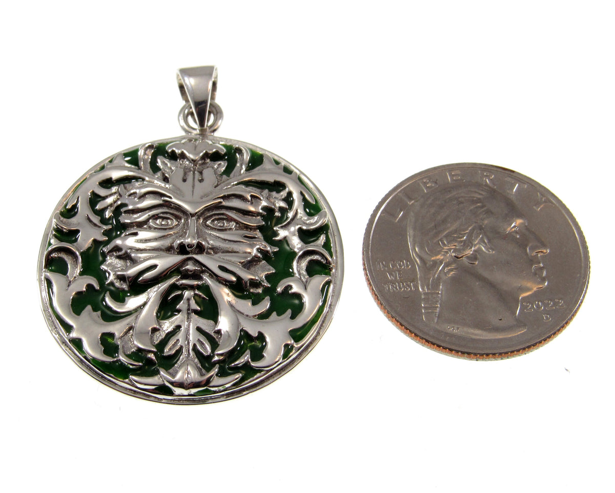 Solid 925 Sterling Silver Celtic Enameled Green Man Pendant, Handcrafted Jewelry Designed by Wizard Oberon Zell